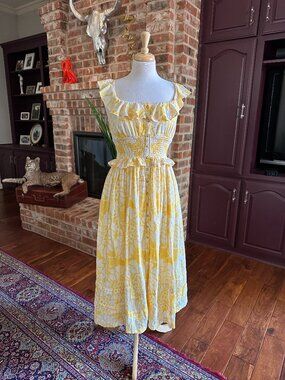 Pilcro Anthropologie Ruffled Smocked Button-Front Yellow Floral Midi Dress SP